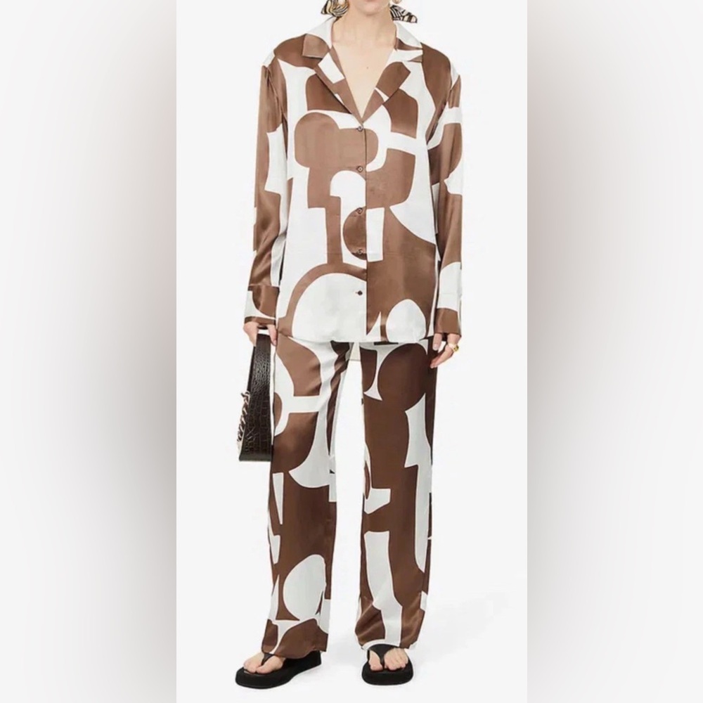 SIR Julien Graphic-Print Silk Shirt & Straight Pants CHOCOLATE SIZE 0/US 2 $1100
